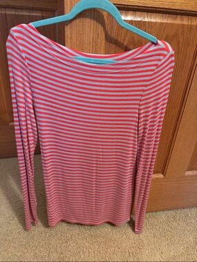Striped Long-Sleeve Boatneck Top in Coral and Light Gray